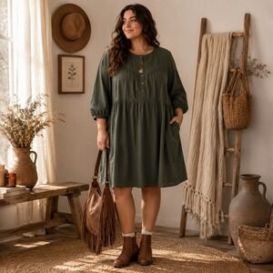 Boho Henley Midi Dress Womens  2X Green Cottagecore Prairie Flowy Plus Size
